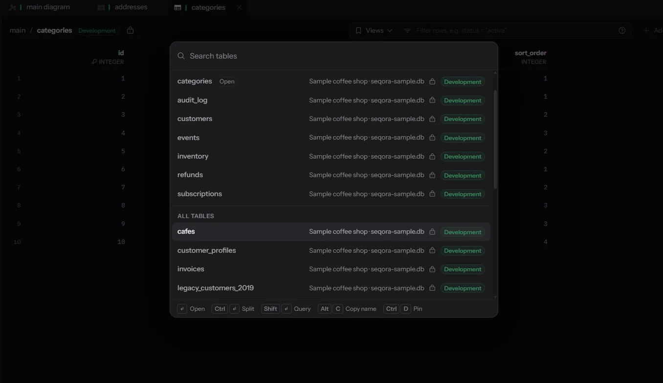 Seqora's Ctrl+P palette open over the data grid, listing recent tables and then all tables from a SQLite sample database